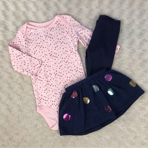 Carter’s Baby Girl Bundle Leggings Sequin Skirt Bodysuit Size 3-6 Months